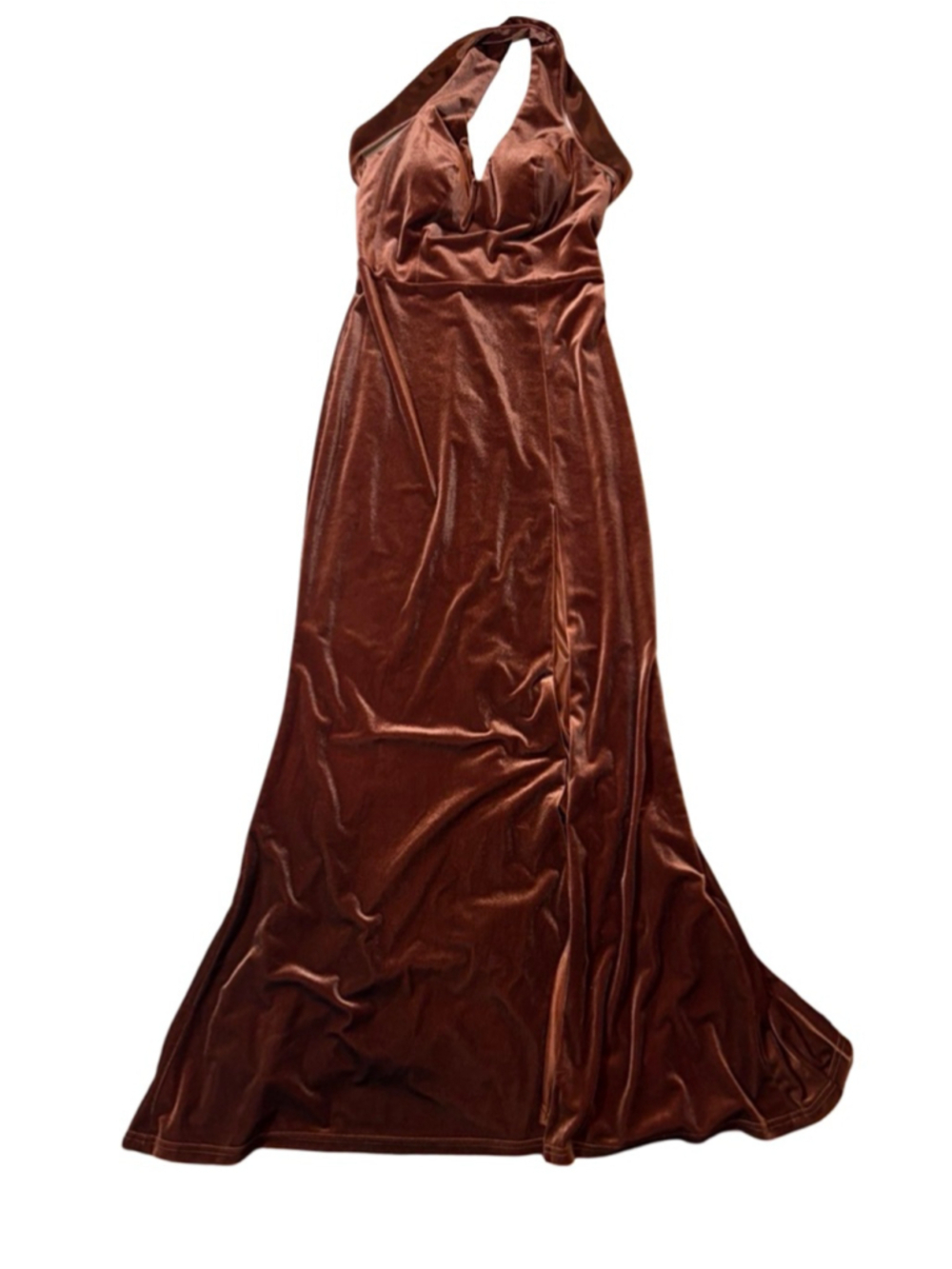 Revelry Bronze Velvet Halter Maxi Dress High Slit Formal Gown Size 4